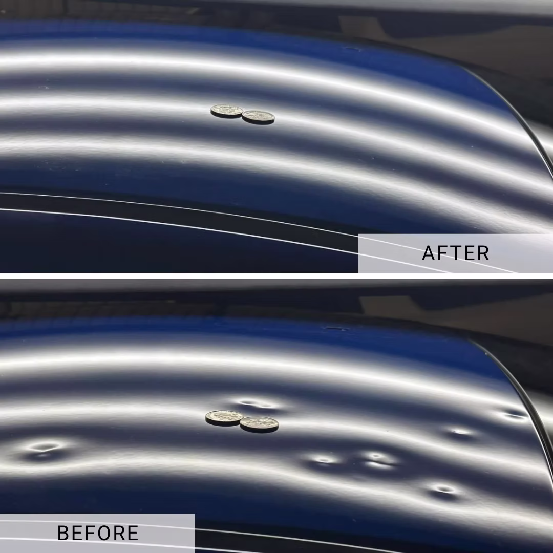 Before and after comparison of a hail-damaged vehicle panel restored by Express Hail Repair